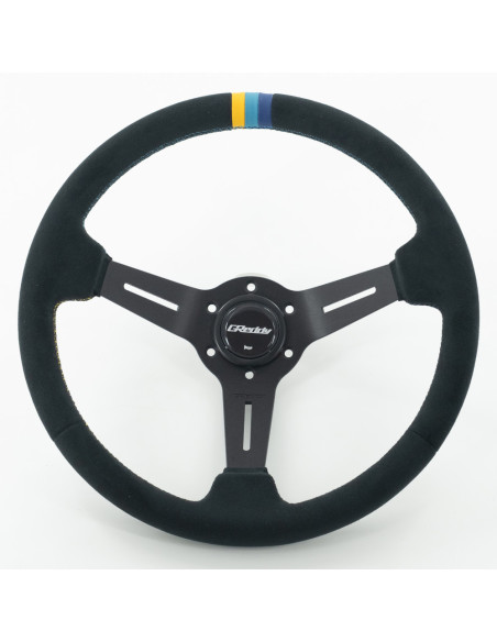 Volante GReddy Sports "Deep Type" (calandratura da 80 mm), pelle scamosciata nera, razze nere - 340 mm